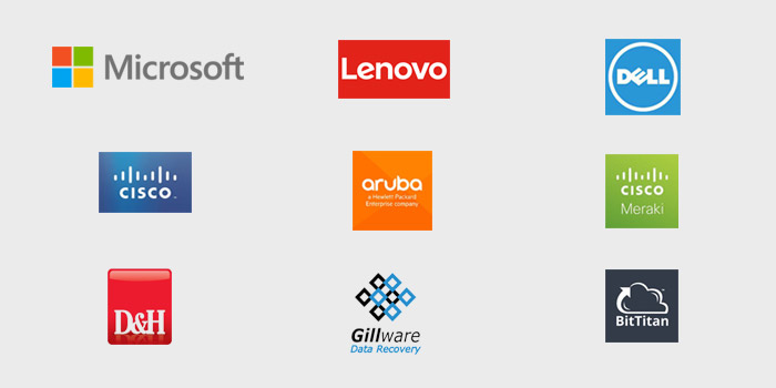 List of Ranual's business partners logos: Microsoft, Lenovo, Dell, Cisco, Aruba Networking, Cisco Meraki Networking, D&H, GillWare Data Recovery, BitTitan